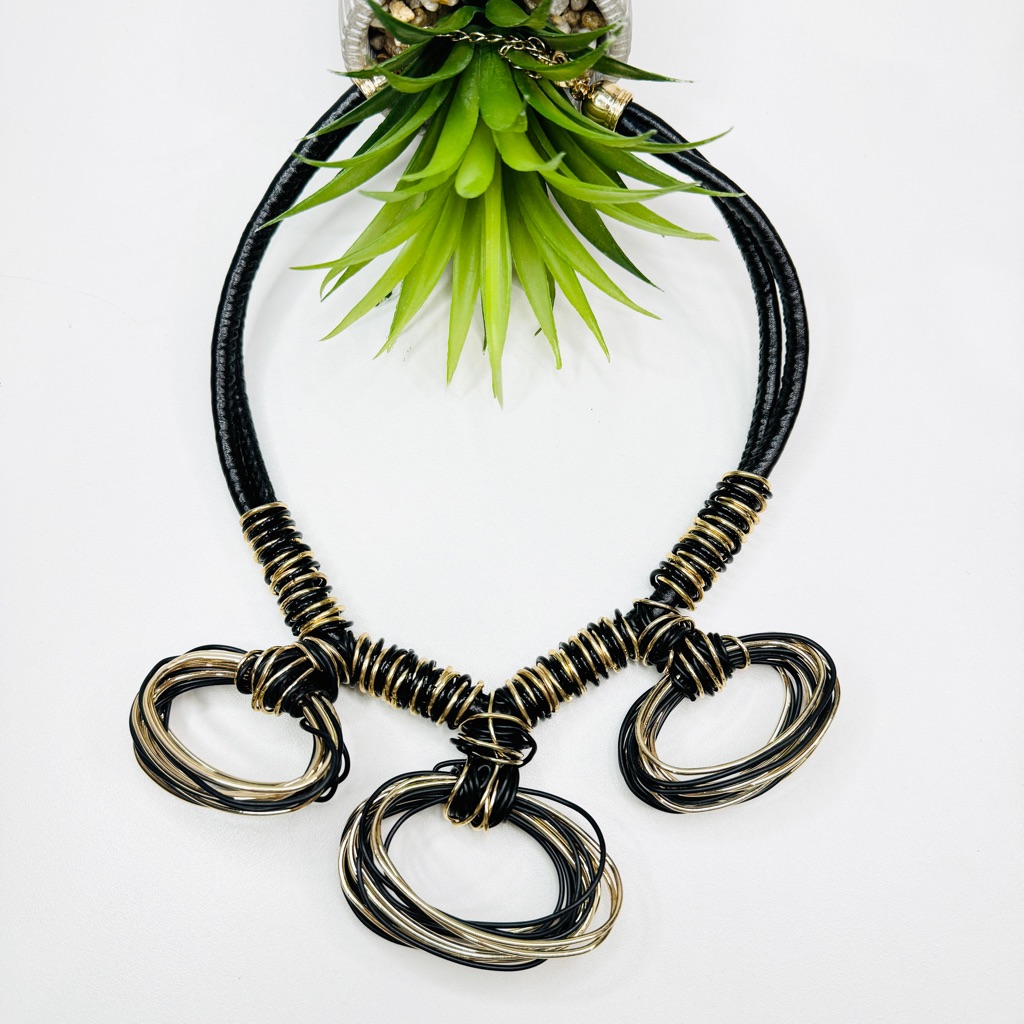 Natasha Black Waxed Cord And Gold Tone Wire Wrapped Statement Necklace